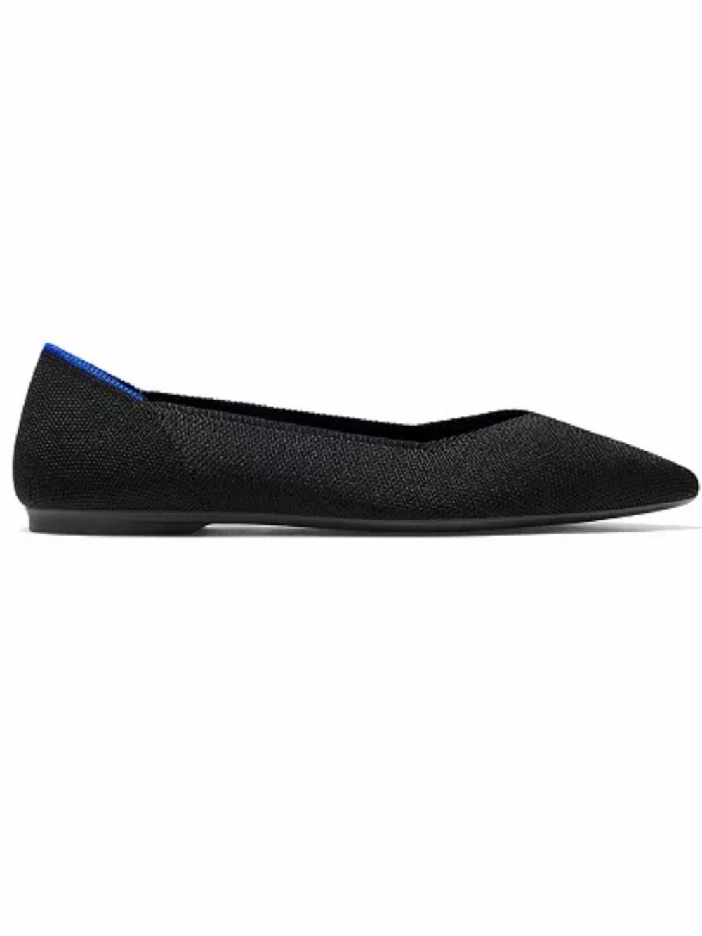 Rothy's Black Pointed Knit Flat with Blue Heel Accent